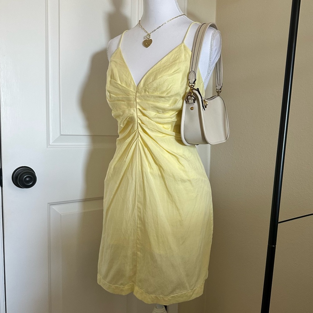 Elegant Yellow Ruched Dress - Picture 3 of 12